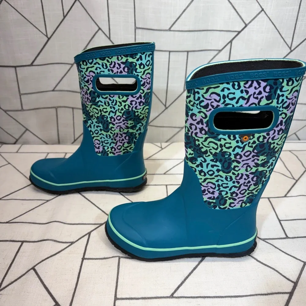 Bogs Rain Boots Size 3 Teal Leopard Print Waterproof Pull On Youth Shoes